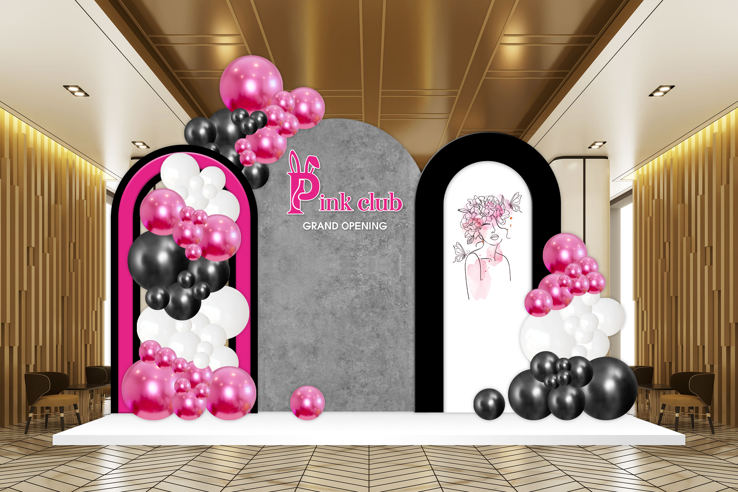 File thiết kế decor- trang trí background khai trương mix bóng sang trọng tone hồng